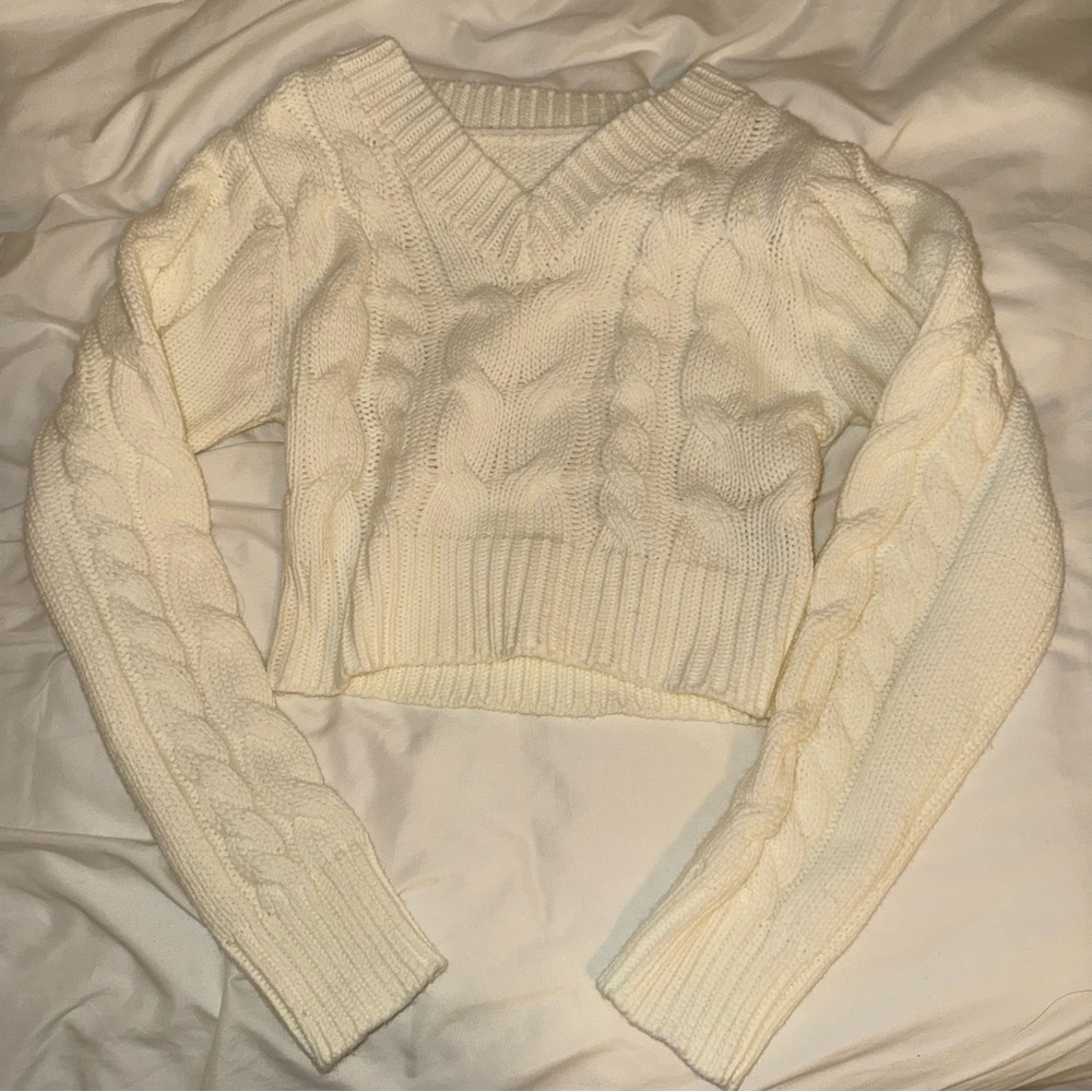 Cropped white cable knit v-neck sweater